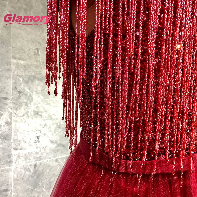 Hot Sale New Style Evening Party Tassel Beading Custom A-Line Women Burgundy Prom Dress