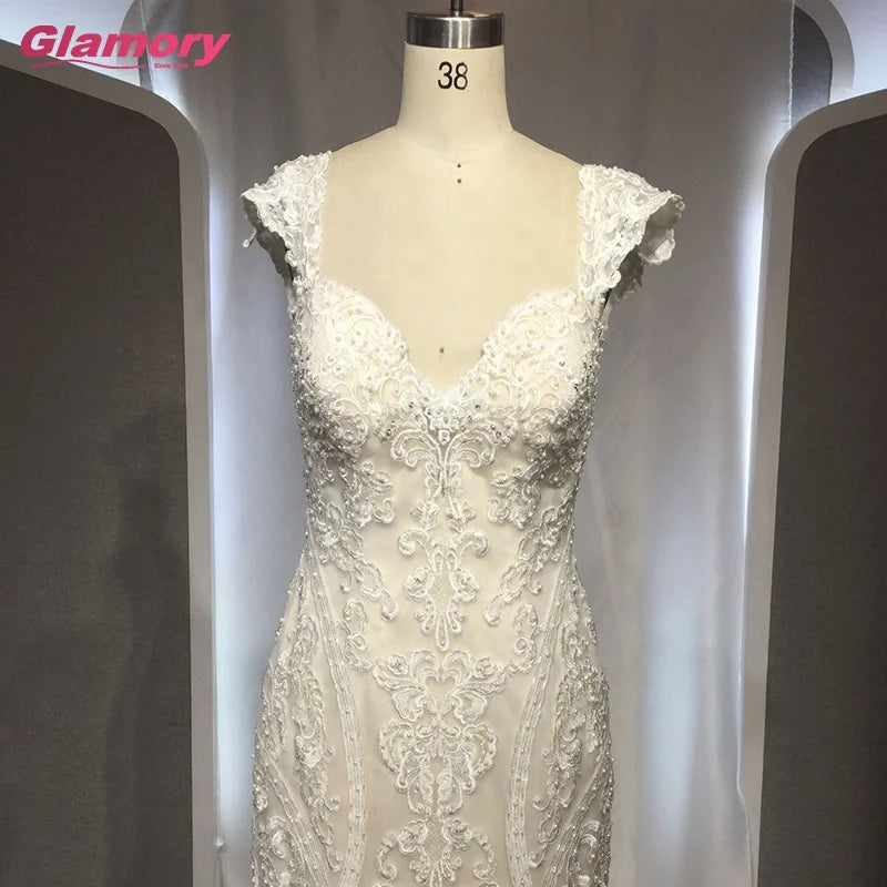 2020 New Style Dress Cap Sleeve Sweetheart Fishtail Lace Bride Gown Custom Made Wedding Dresses