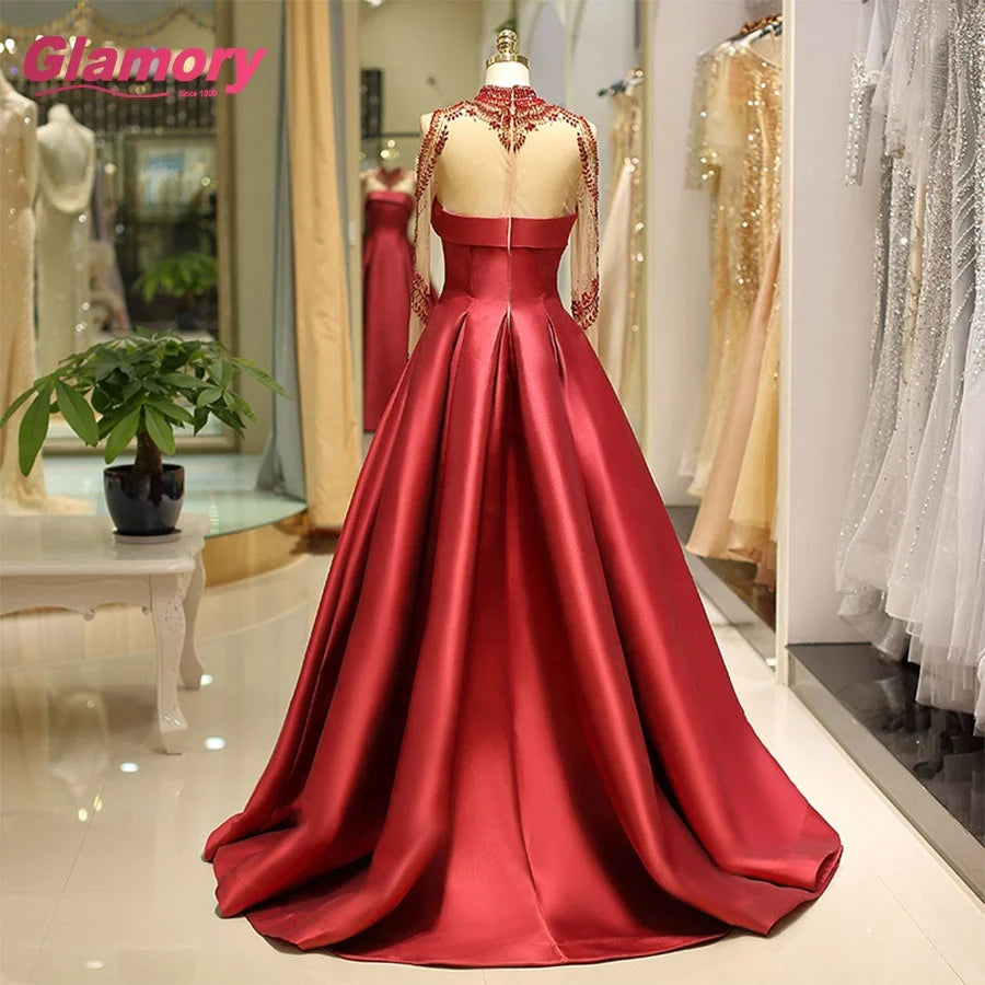 Turkey Luxury Formal Long Sleeve High Neck Burgundy Satin Party Evening Dress