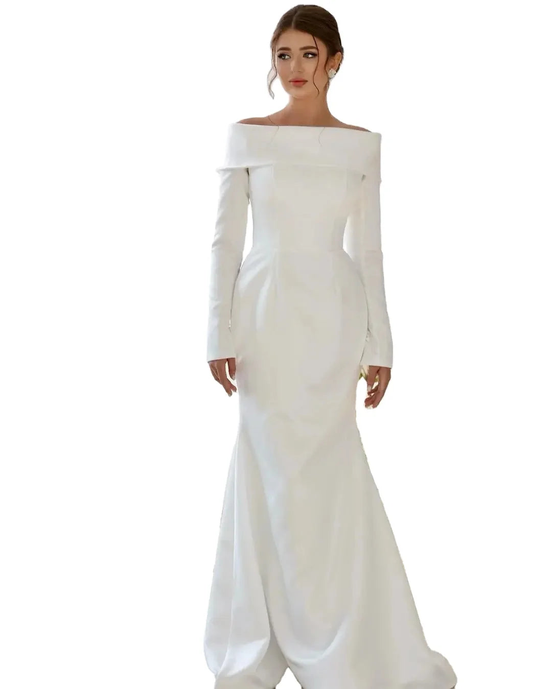 Sweeping Crepe Gown Satin Wedding Dresses Off Shoulder Bridal Gowns Women Wedding Guest Formal Party Dress