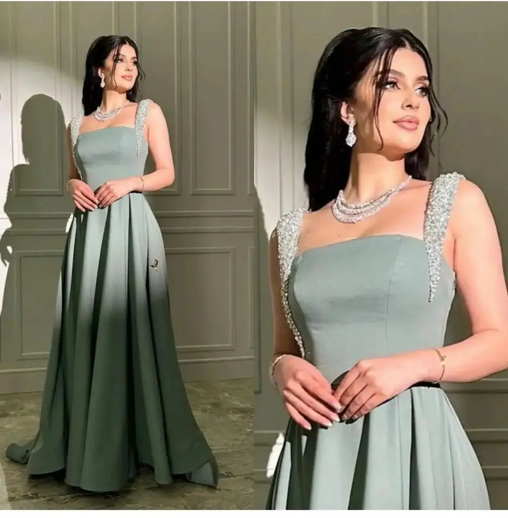 Green Satin a Line Ruched Long Prom Dresses Beaded Off Shoulder Birthday Party Formal Occasion Evening Gowns