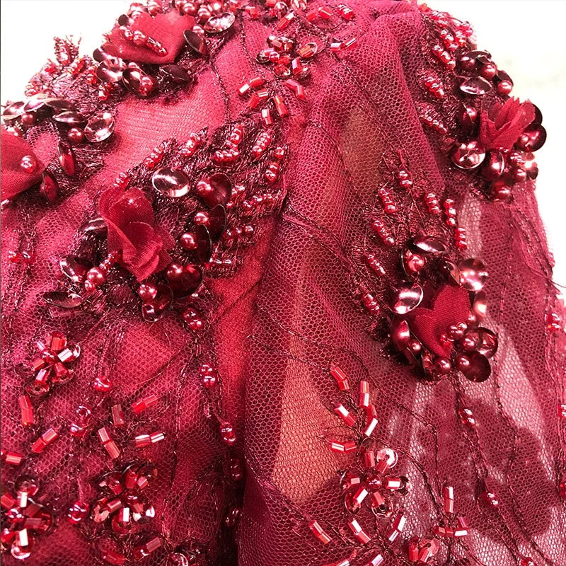 Burgundy One Shoulder 3D Beaded  Lace Sexy Evening Gowns Long a Line Satin Formal Prom Dresses