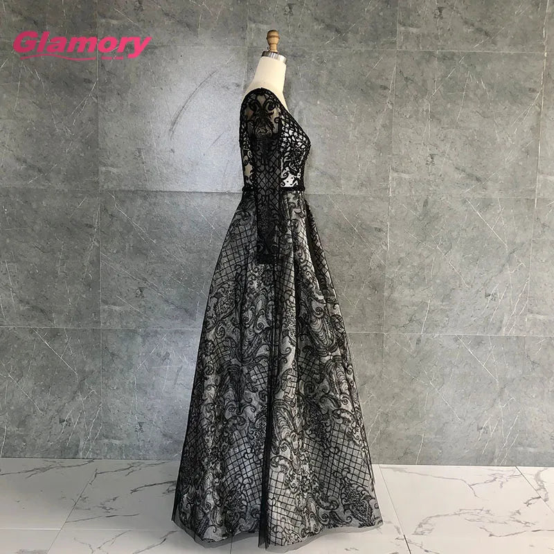 New Arrival Women Luxury Sleeve V-neck Slim Big Hem Long Evening Dress Beads Lace Prom