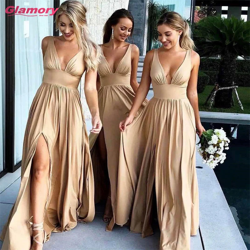 Gold Sexy Slit Long Chiffon Prom Party Gowns Empire Waist Latest Adult Cheap Bridesmaid Dresses