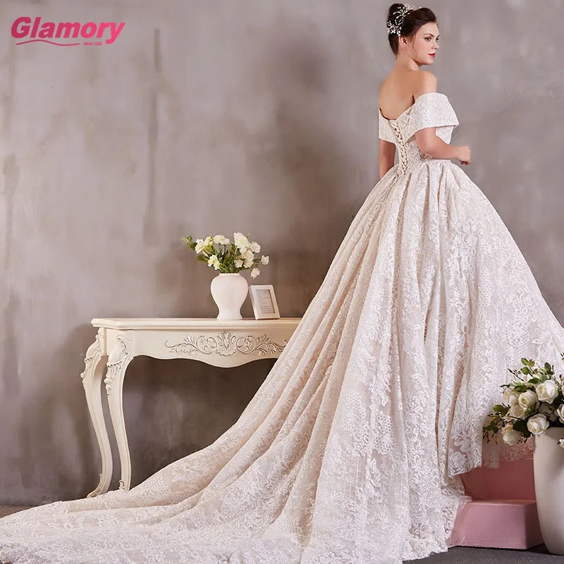 Newest Breast Wedding Dress With Train Gorgeous Lace Luxury Long Off Shoulder Wedding Dress