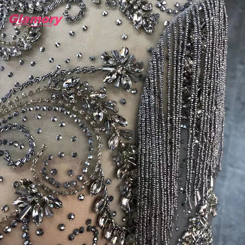 2020 New Style Luxury High Neck Long Sleeve Beading Feather Elegant Mermaid Evening Dress