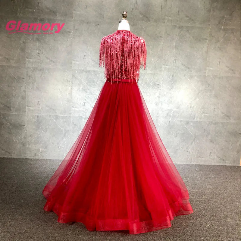 Hot Sale New Style Evening Party Tassel Beading Custom A-Line Women Burgundy Prom Dress