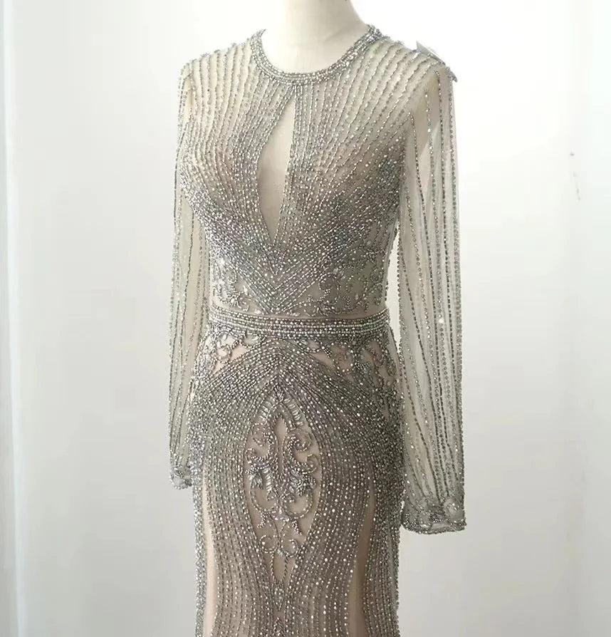 Dubai Long Sleeves Silver Grey Luxury Evening Dresses O-Neck Full Diamond Mermaid Formal Dress