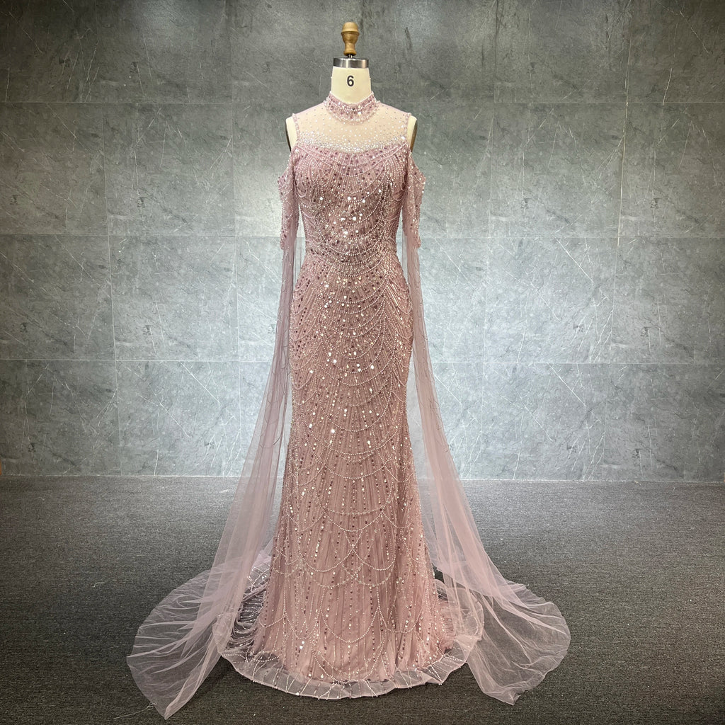 Luxury High Neck Mermaid Evening Dresses With Cape Heavy Pearls Women Wedding Formal Party Gown Stock