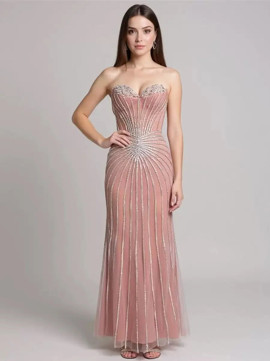 Pink Luxury Gorgeous Mermaid Prom Evening Gown Embellished With Stunning Beaded Embroidery and Elegant