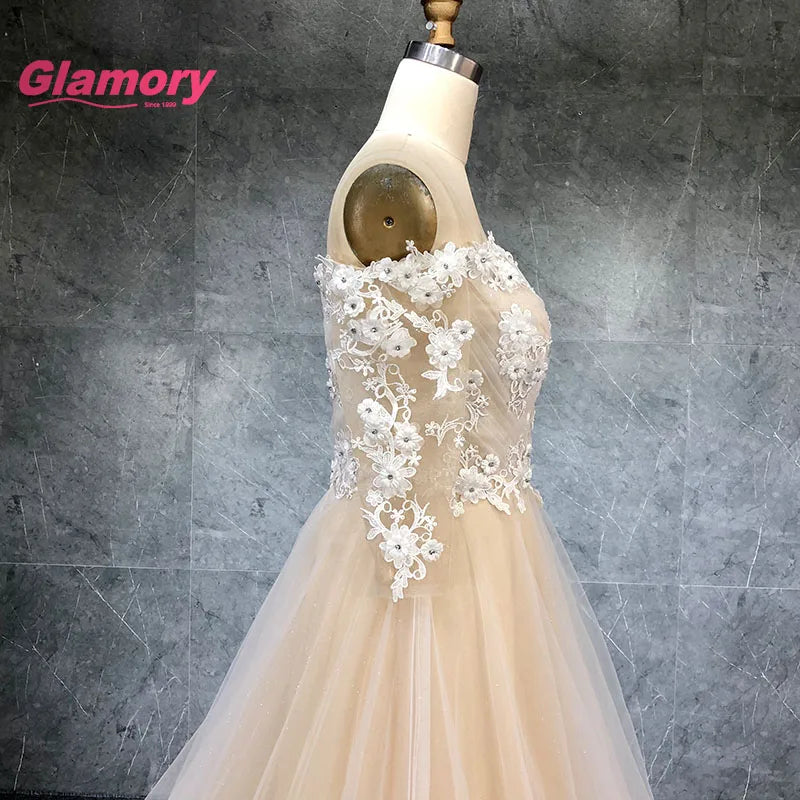 Champagne Cheap Hight Quality Wedding Dress Off Shoulder Half Sleeve 3D Flower Lace Ball Wedding Gown