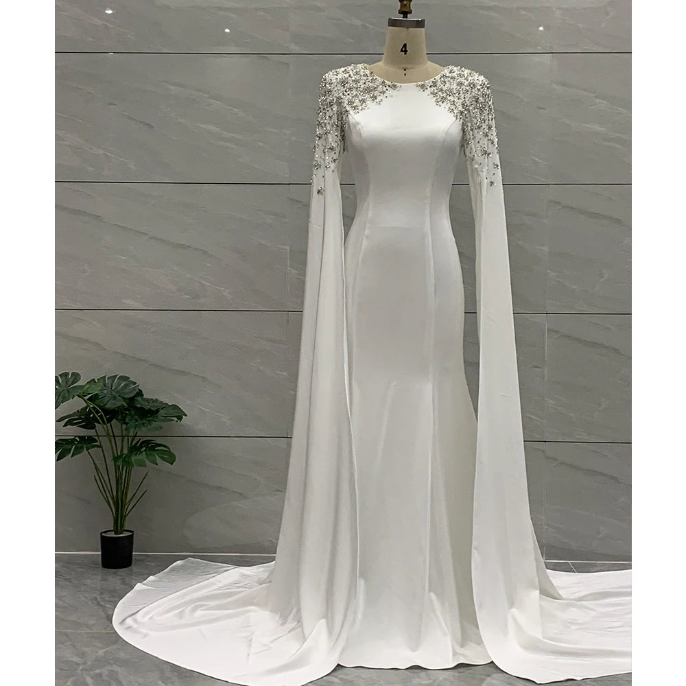 NEW White Mermaid Satin Evening Party Dresses Cape Sleeves Beaded Elegant Theater Opera Gowns for Women