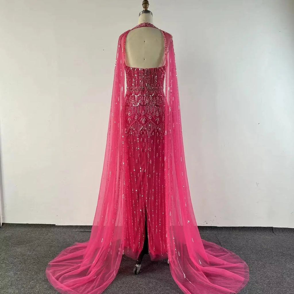 NEW Pink Cape Sleeves Mermaid  Beaded Elegant Evening Dresses Luxury Gowns for Women Arabic Party