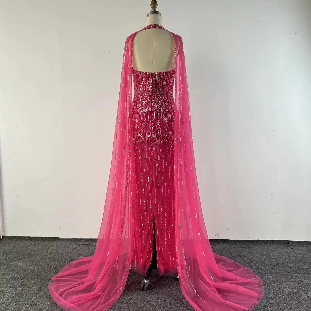 NEW Pink Cape Sleeves Mermaid  Beaded Elegant Evening Dresses Luxury Gowns for Women Arabic Party