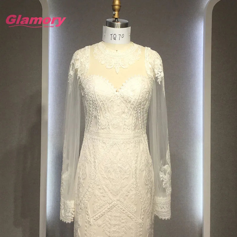 Fashion White Long Sleeve Wedding Dress Plus Size Bride Gown Vestido De Noiva Lace Beading Mermaid Bridal Dresses