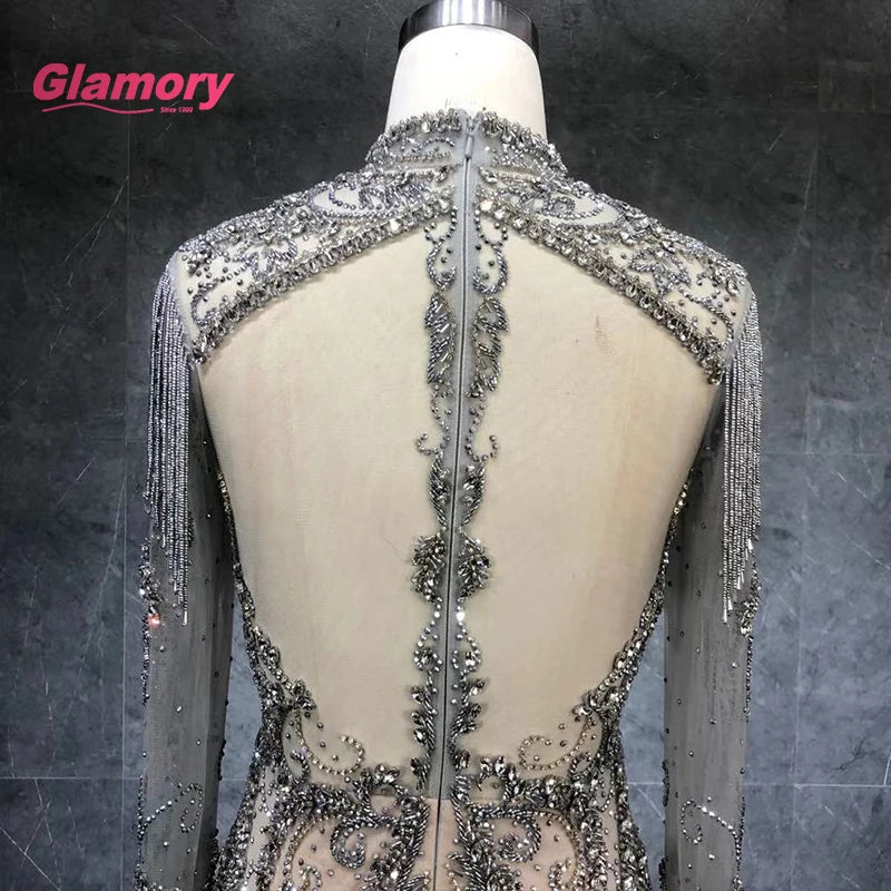 New Style Luxury High Neck Long Sleeve Bodycon Beading Mermaid Club Dress