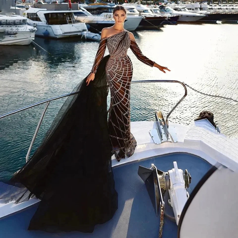 NEW 2024 One Shoulder Luxury Dubai Evening Dress Arabic Mermaid Prom Formal Dress for Wedding Party