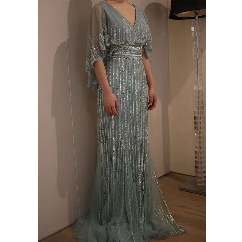 Turquoise V-Neck Mermaid Elegant Long Cape Beaded Luxury Dubai Evening Dresses Gowns for Women Wedding Party 2024