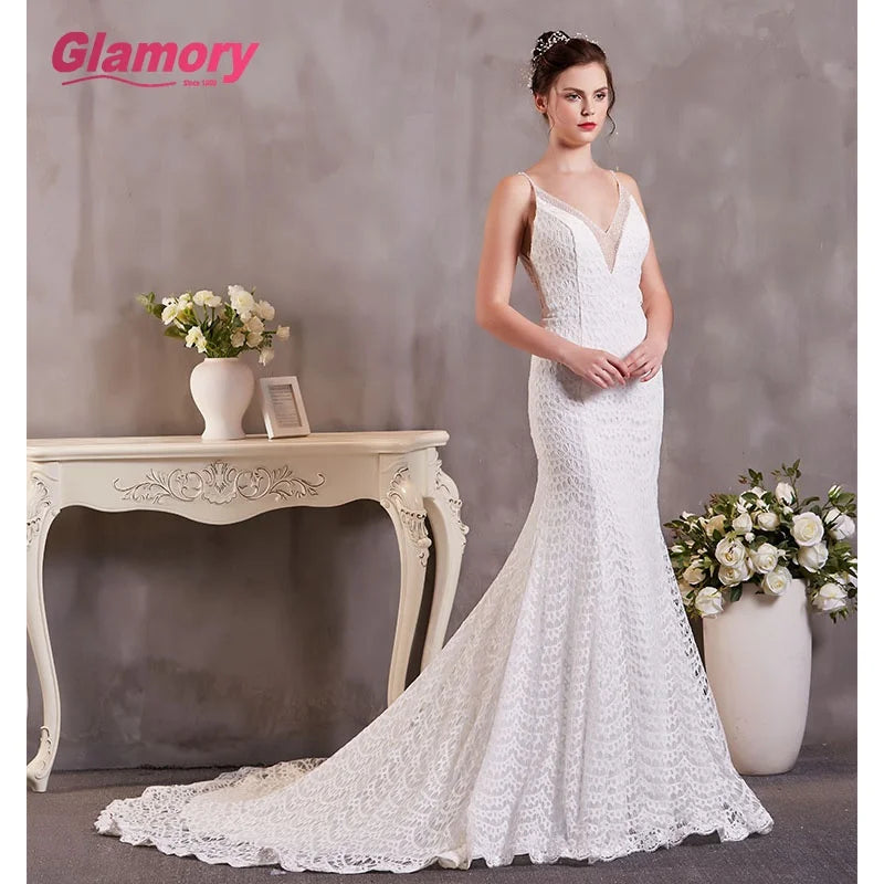 Mermaid Deep v Neck Lace Spaghetti Straps Wedding Dress Cheap Bride Dress Made in China