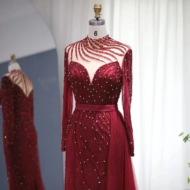 New Navy Blue Mermaid Dubai Evening Dress With Detachable Skirt Long Sleeve Arabic Formal Gowns for Women