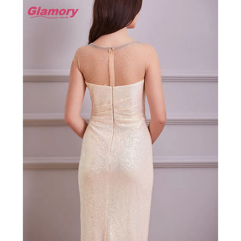 Rose Gold Fishtail Sequin Hot Drilling Dresses Split Pleated Banquet Dress Long Formal Evening Dress for Women