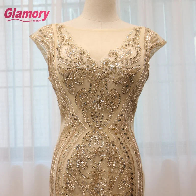 Gold  CapSleeve Party Evening Dress  Luxury Beaded Dress  Gowns for Women