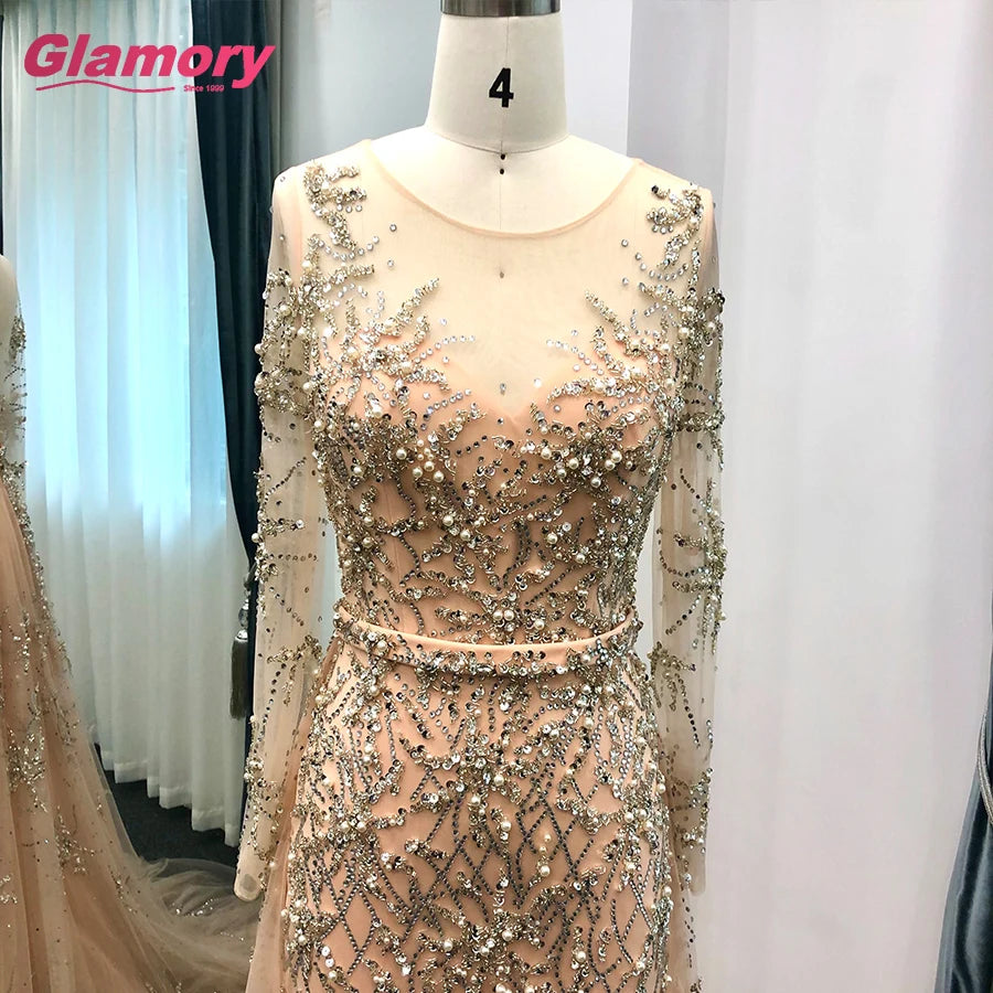 Rose Gold Long Sleeve Tirkish Dress With Stylish Beaded Evening Dresses Made in China