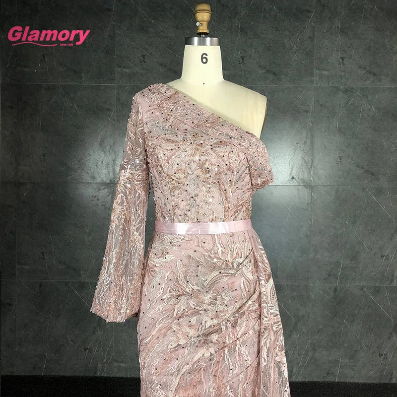 Top Quality Pink Embroidered Lace Gown One Shoulder Long Maxi Evening Muslim Party Dress
