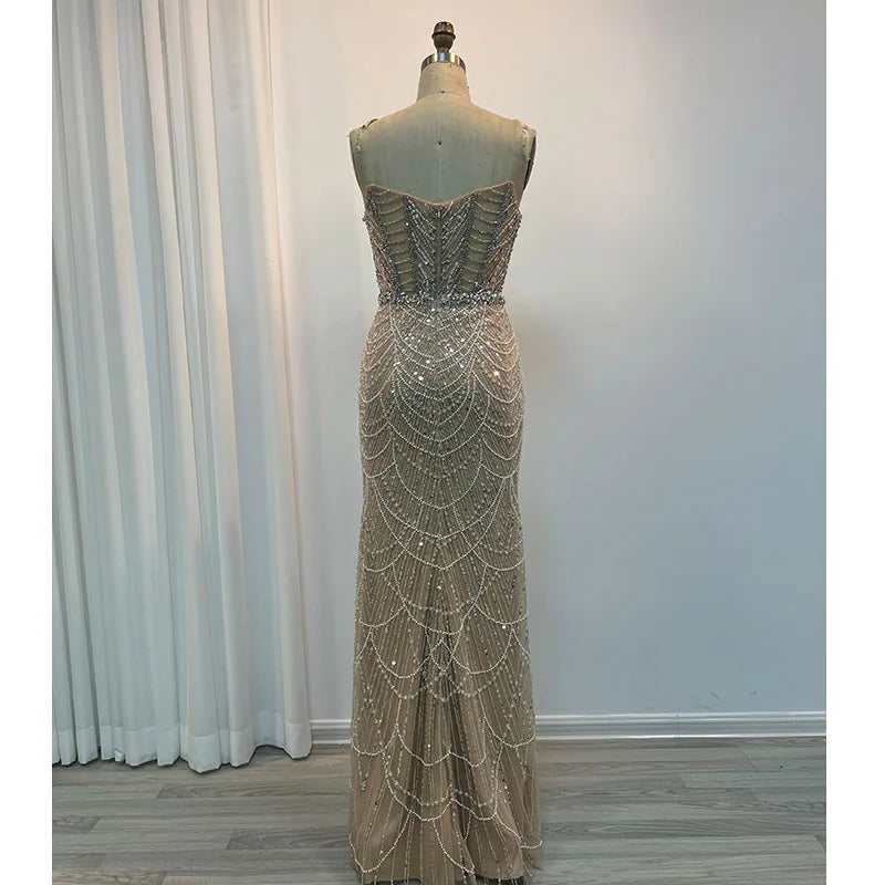 Luxury Dubai Mermaid Crysta Rhinestones Nude Evening Dresses Elegant Sweetheart Beaded Arabic Women Wedding Party Gowns