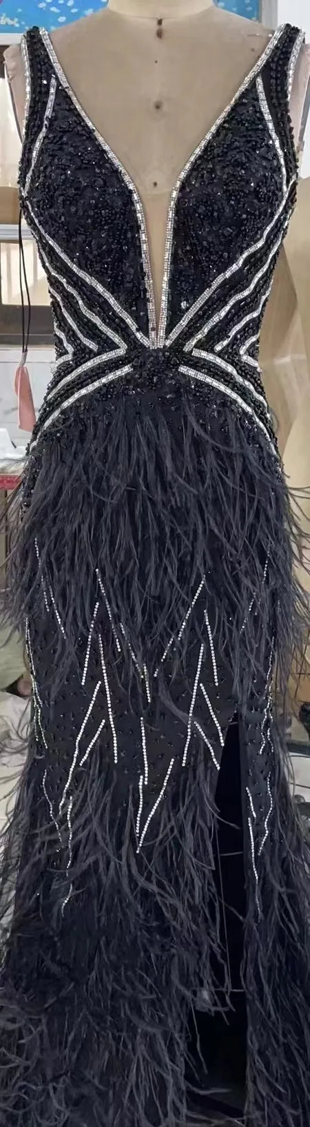 2022 New Handmade Beading Mermaid Evening Dresses With Feathers Sexy Split  Long  Evening Gowns for Women Party