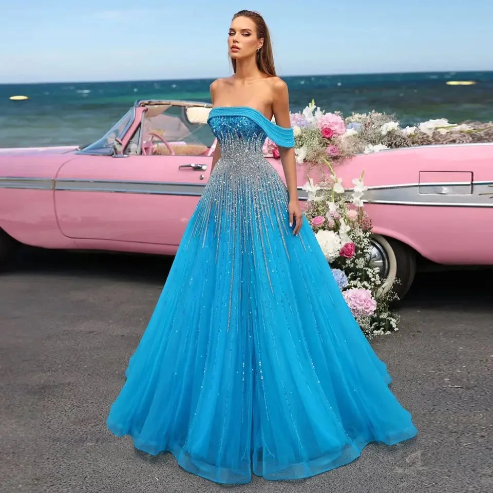 2025 Customized Turquoise Blue Luxury Dubai Evening Dress Elegant Off Shoulder Long Fuchsia Wedding Party Gown