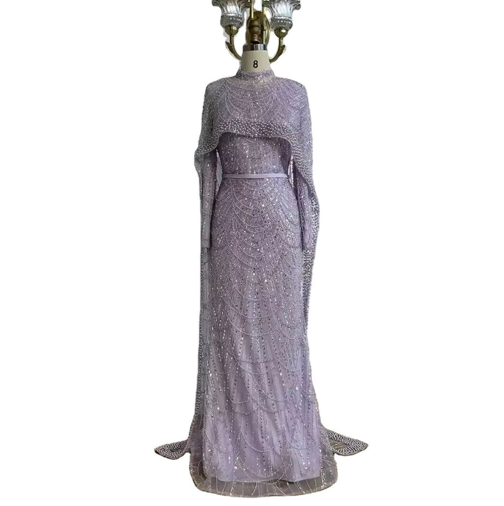 Muslim A-Line Beaded Luxury Arabic Evening Dress Gown 2025 Pearls Evening Dresses With Cape Women Wedding Party Gowns