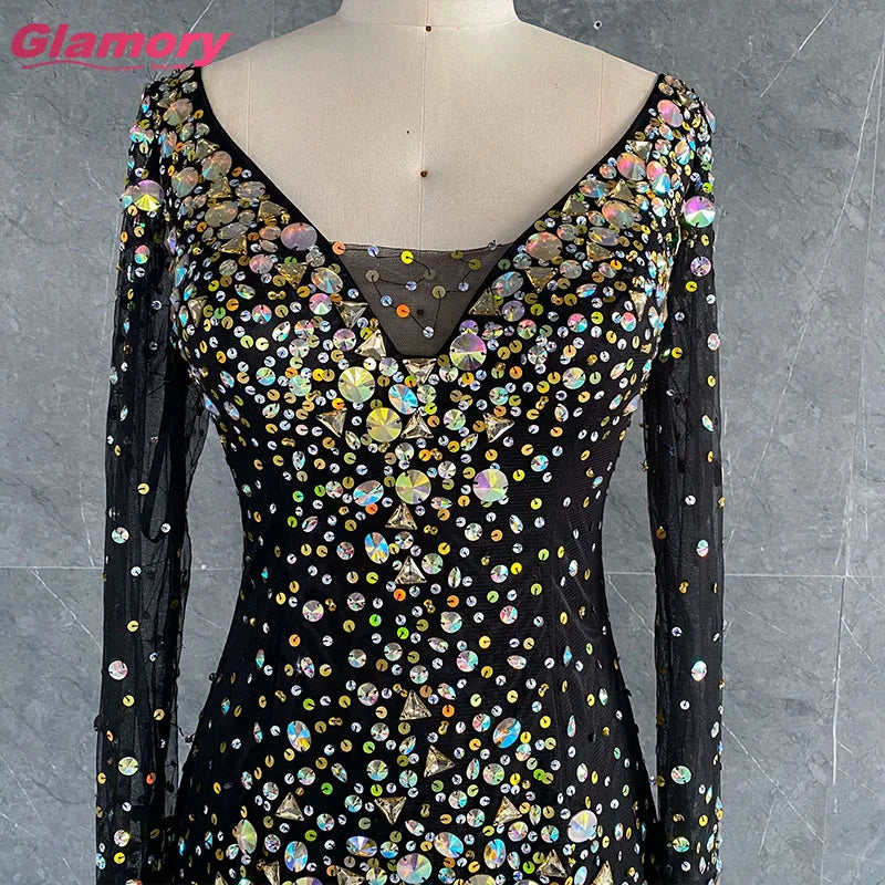 Sexy Black Homecoming Dresses Sweetheart Long Sleeve Shinny Crystal Stone Short Prom Dress