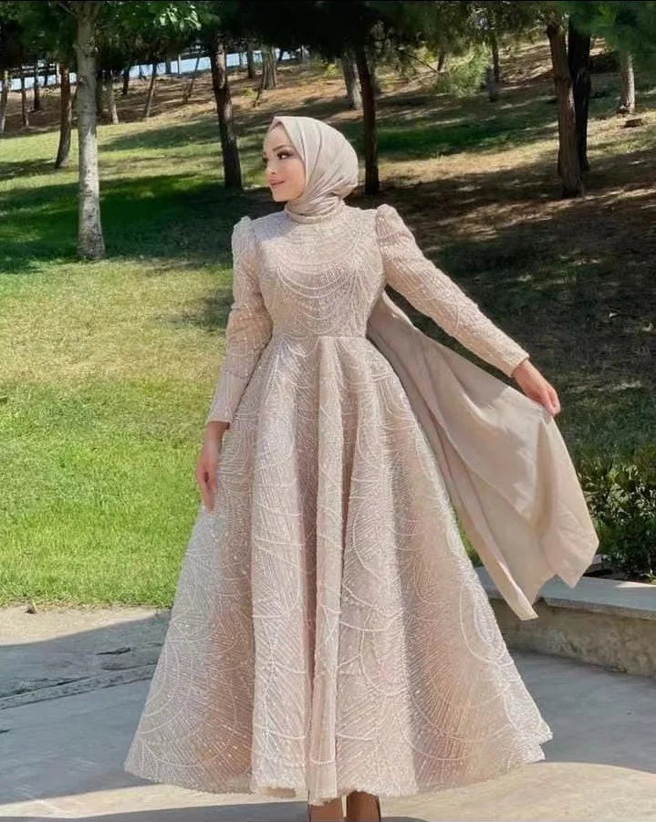 Muslim Glitter Sequined Evening Dresses Organza Formal Party Prom Gowns Long Sleeves Luxury Dubai Vestido De Fiesta