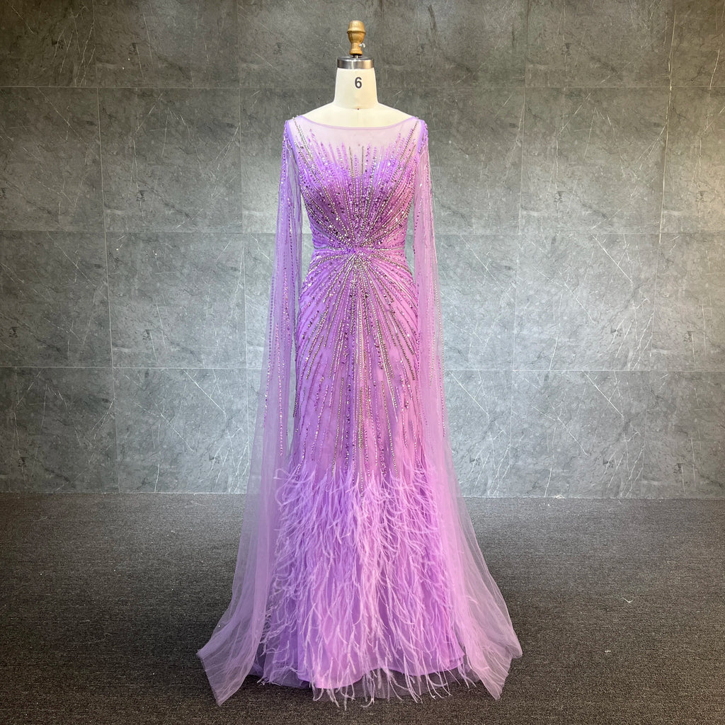 Luxury Dubai Lilac Feathers Beaded Cape Sleeves A-line Evening Gown for Women Wedding Party Dresses