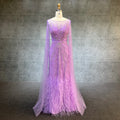 Luxury Dubai Lilac Feathers Beaded Cape Sleeves A-line Evening Gown for Women Wedding Party Dresses