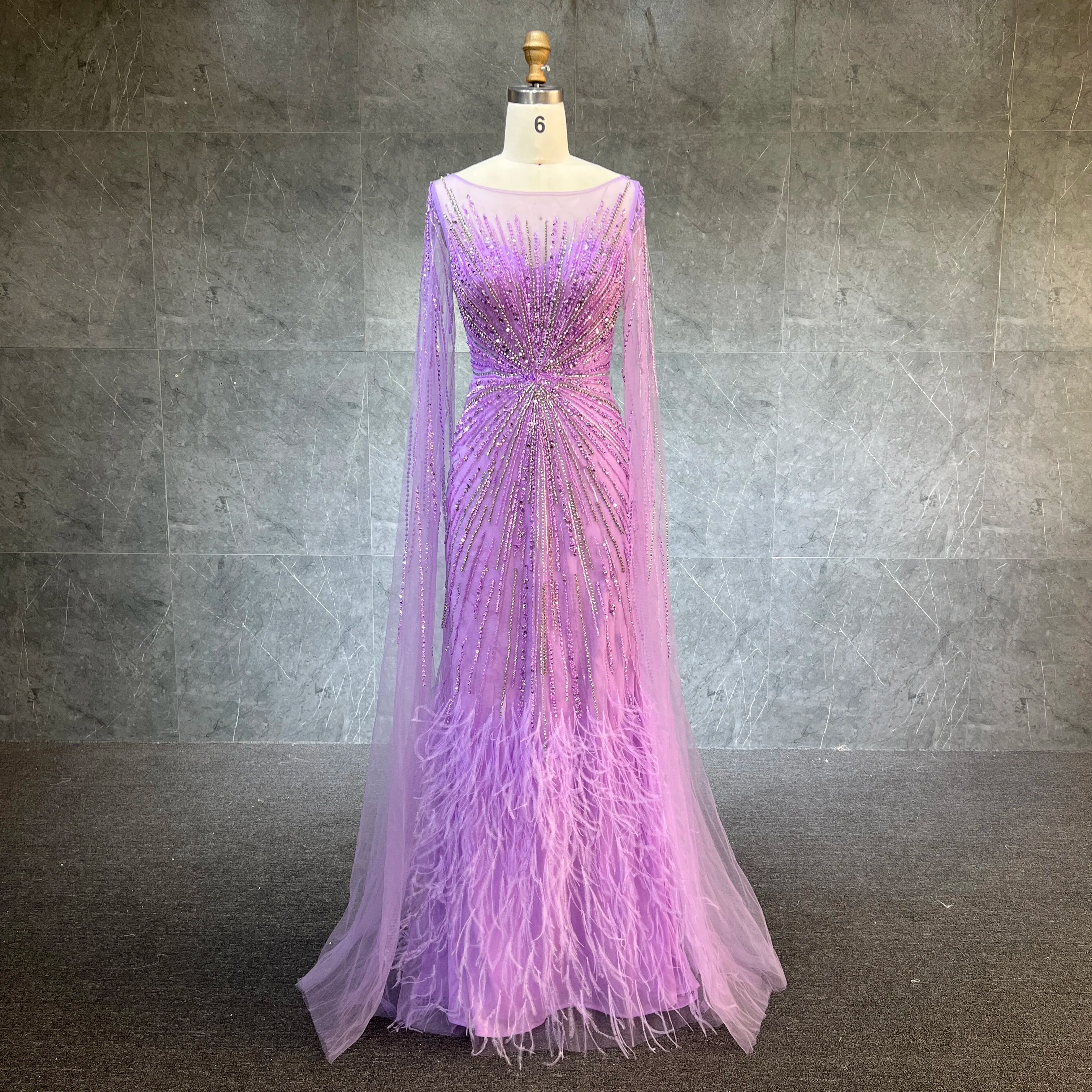 Luxury Dubai Lilac Feathers Beaded Cape Sleeves A-line Evening Gown for Women Wedding Party Dresses