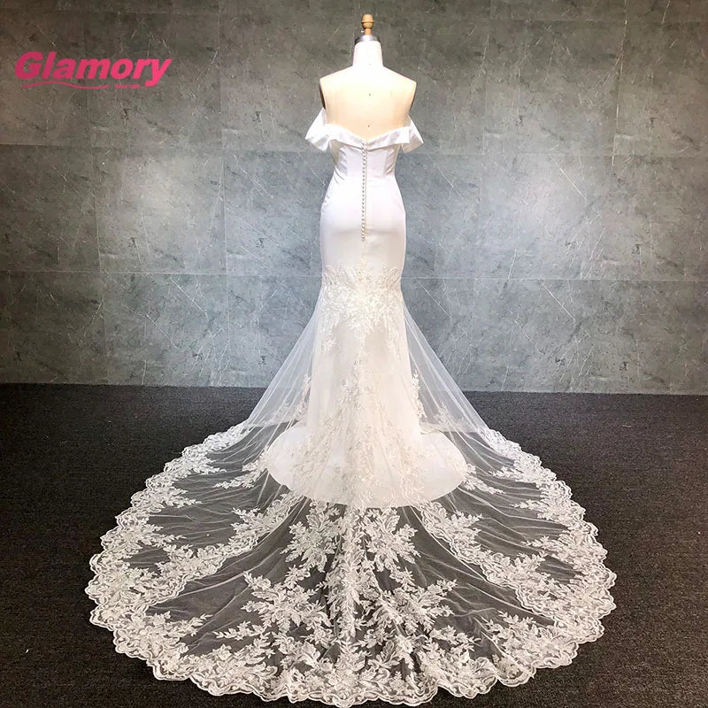 Sexy Mermaid Satin Off Shoulder Vestido De Noiva White High Quality Luxury Lace Long Trailing Bridal Wedding Dress