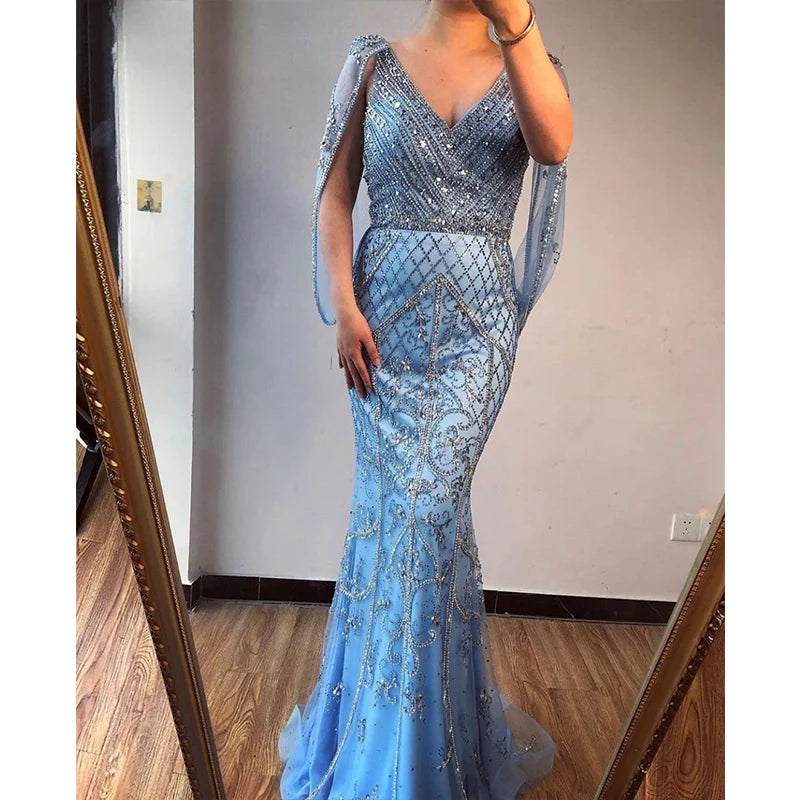 Silver 2020 NEW Design Sexy Hand Made Beading With Drape on Back V-Neck Mermaid Evening Dress