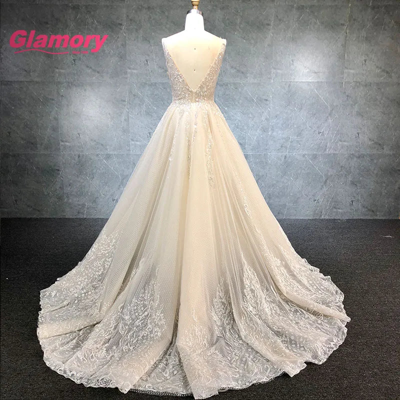 Luxury Champagne Wedding Princess Lace Appliqued Plus Size Sleeveless Ball Gown Bridal Dress