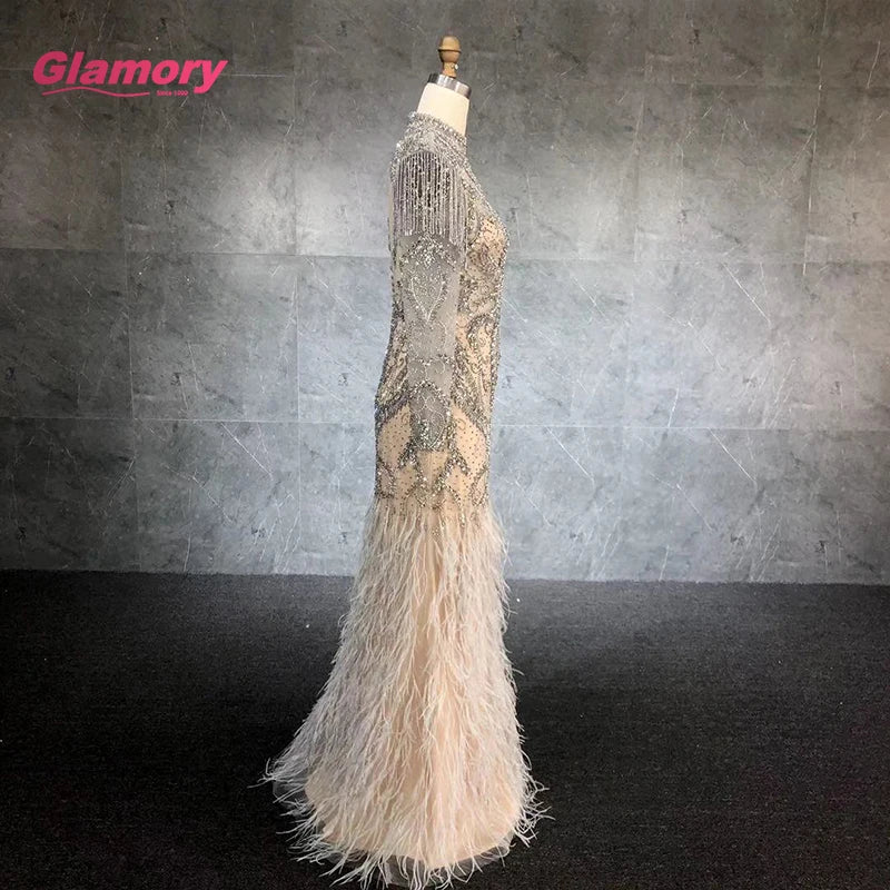2020 New Style Luxury High Neck Long Sleeve Beading Feather Elegant Mermaid Evening Dress