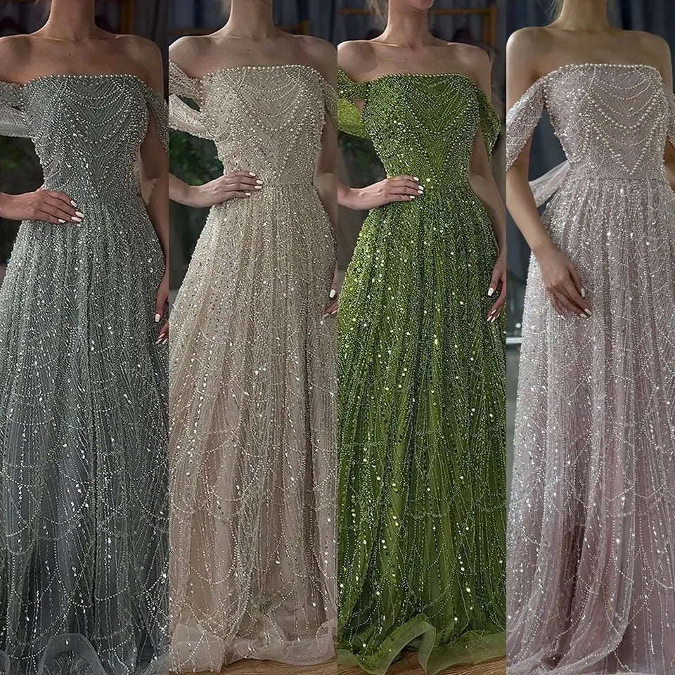 New Saudi Arabic Nude Pearls Beaded Design A-Line Evening Dresses Gowns for Formal Occasion