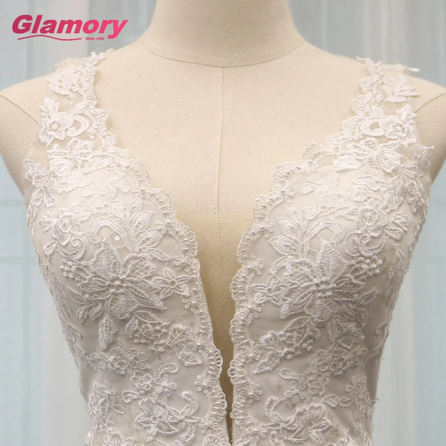 White Mermaid Vestidos De Novia Sleeveless Floor Length Beaded Dresses Lace Applique Backless Wedding Gown