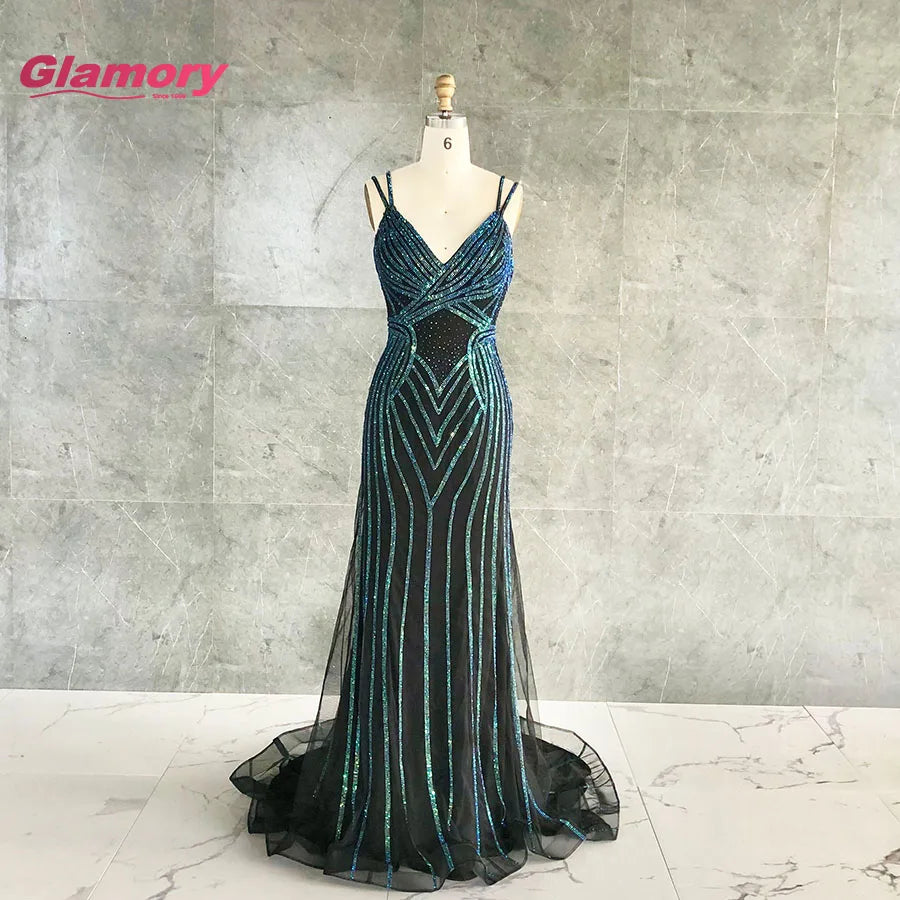 2020 Latest Design Crystal Black Color Sexy V Neck Luxury Prom Dresses Lady Elegant Party Evening Dress