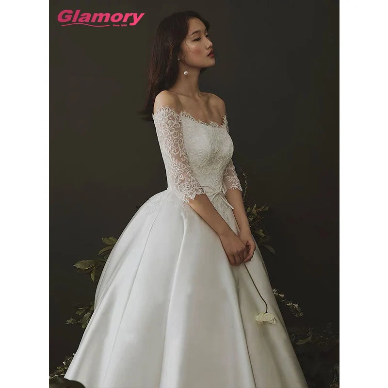 White Off Shoulder Gowns High Quality Lace Long Sleeve Plus Size Satin Wedding Dresses