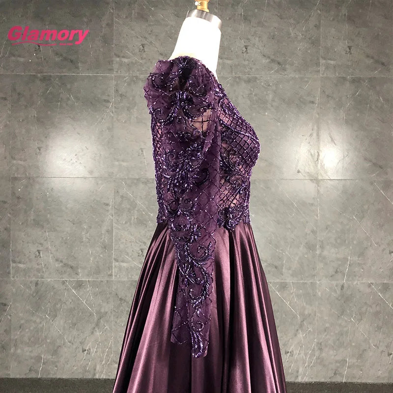 Purple Sleeve Sexy Gown Hand-Beading Satin a Line Evening Dress Elegant Formal Long Dresses for Fat Women