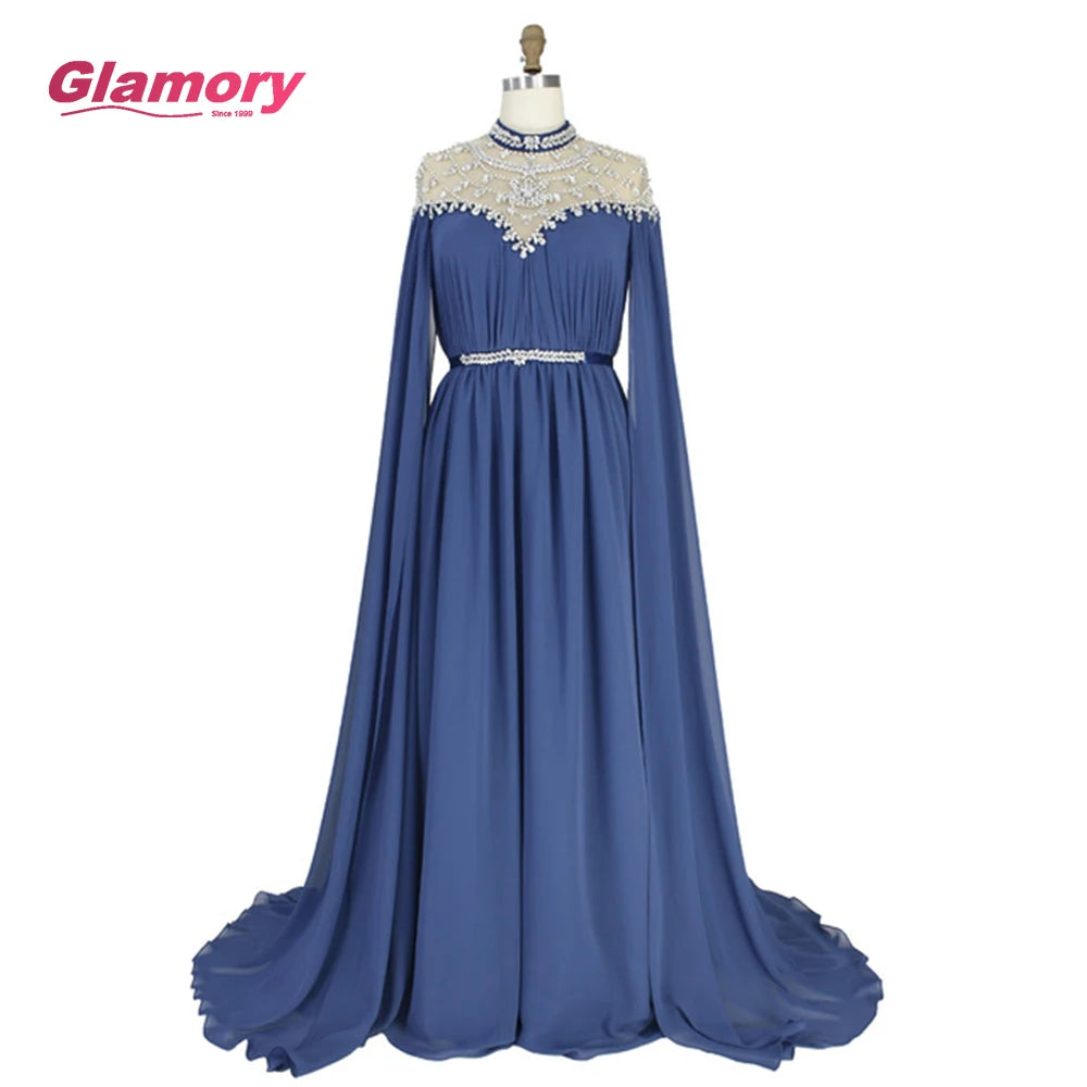 Cheap Dresses Kaftan Abiye Black Evening Dress Long Sleeves Beaded Crystal Chiffon Formal Gown Women Elegant Vestido Robe