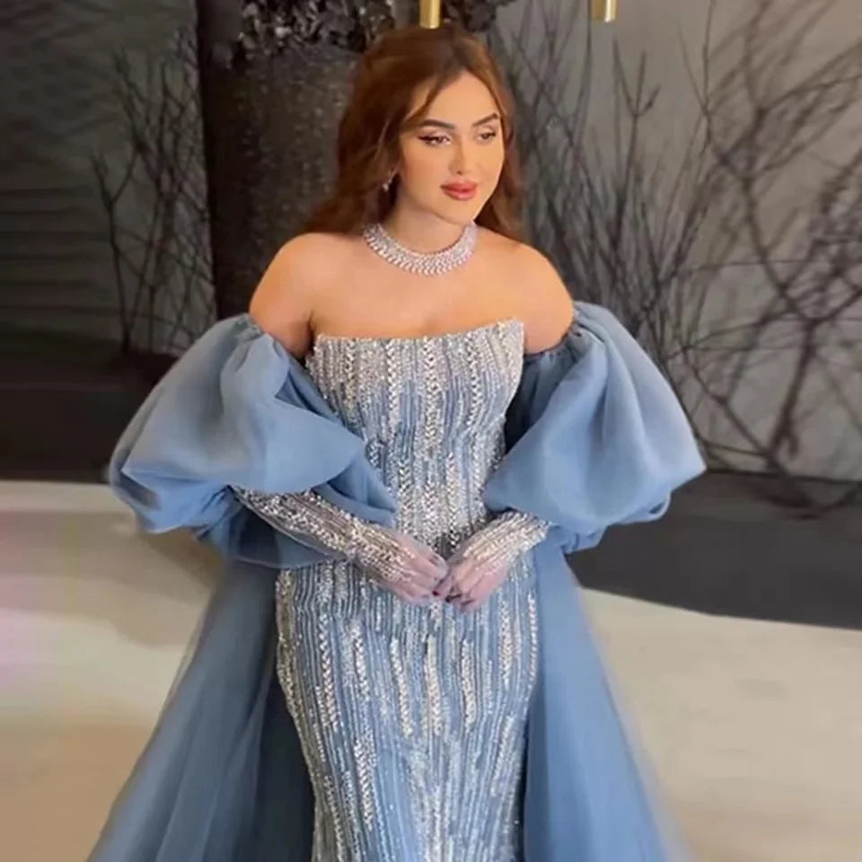 Hot Sale Blue Women's Sexy Beads Butt Wrapped Prom Dress New Sequined Gauze Mermaid Evening Dress