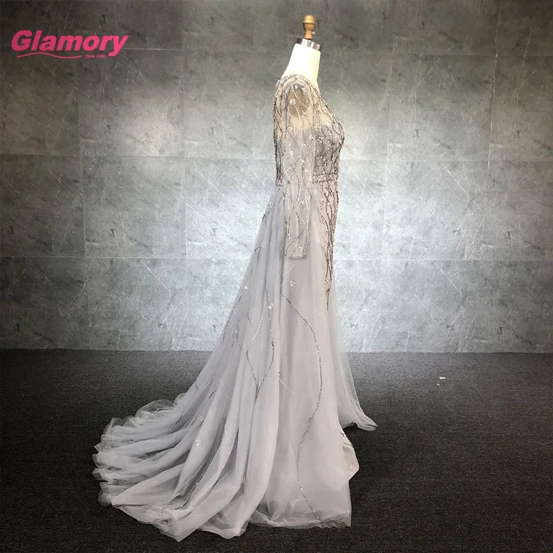 Hot Sale New Design Tulle Prom Dress Long Sleeve  Evening Dresses With Crystal Beading
