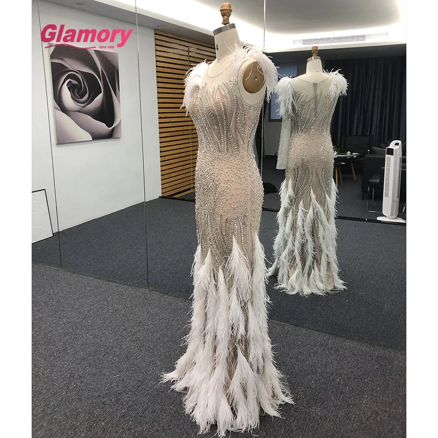 One Shoulder Tirkish Evening Champagne Muslim Prom Dress With Beaded Feather Ball Gown Dresses